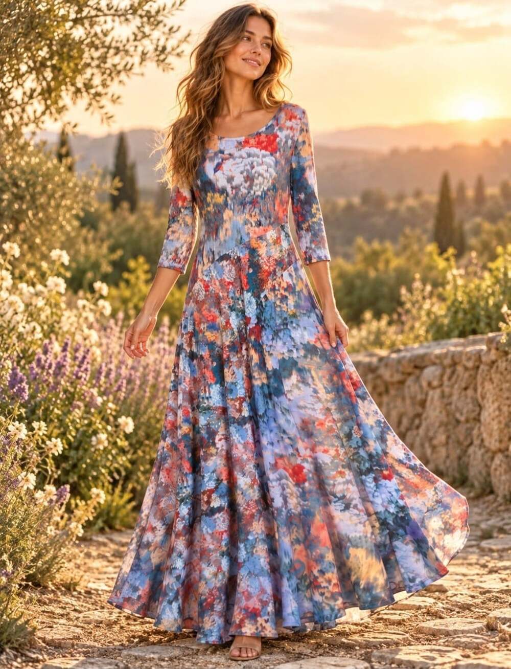 Soft Surroundings Nanette Maxi Dress Womens L Abstract Floral Stretch Boho - Picture 2 of 14